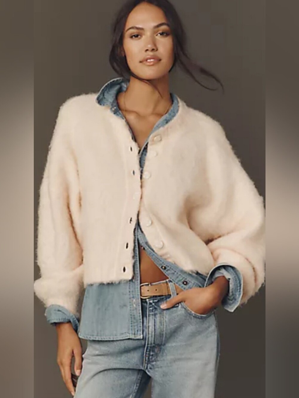 Anthropologie Cloth & Stone Ivory Crram Eyelash Knit Cardigan